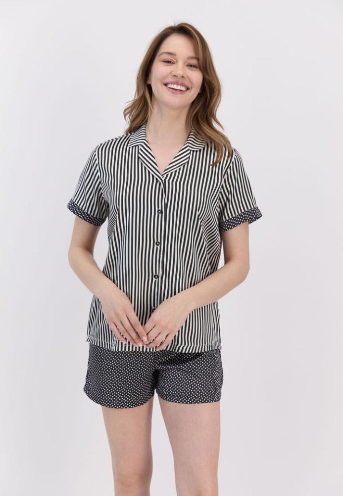 Pijama damă viscoză alb-negru cu dungi și stelute Engros